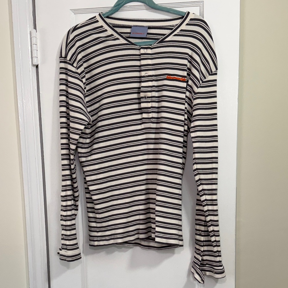 Bluemarble Grey & Cream Striped Ribbed Henley